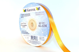 Лента атласная 12 мм двухстор. с металл. нитью "Gamma" №021т.жёлтый/серебро